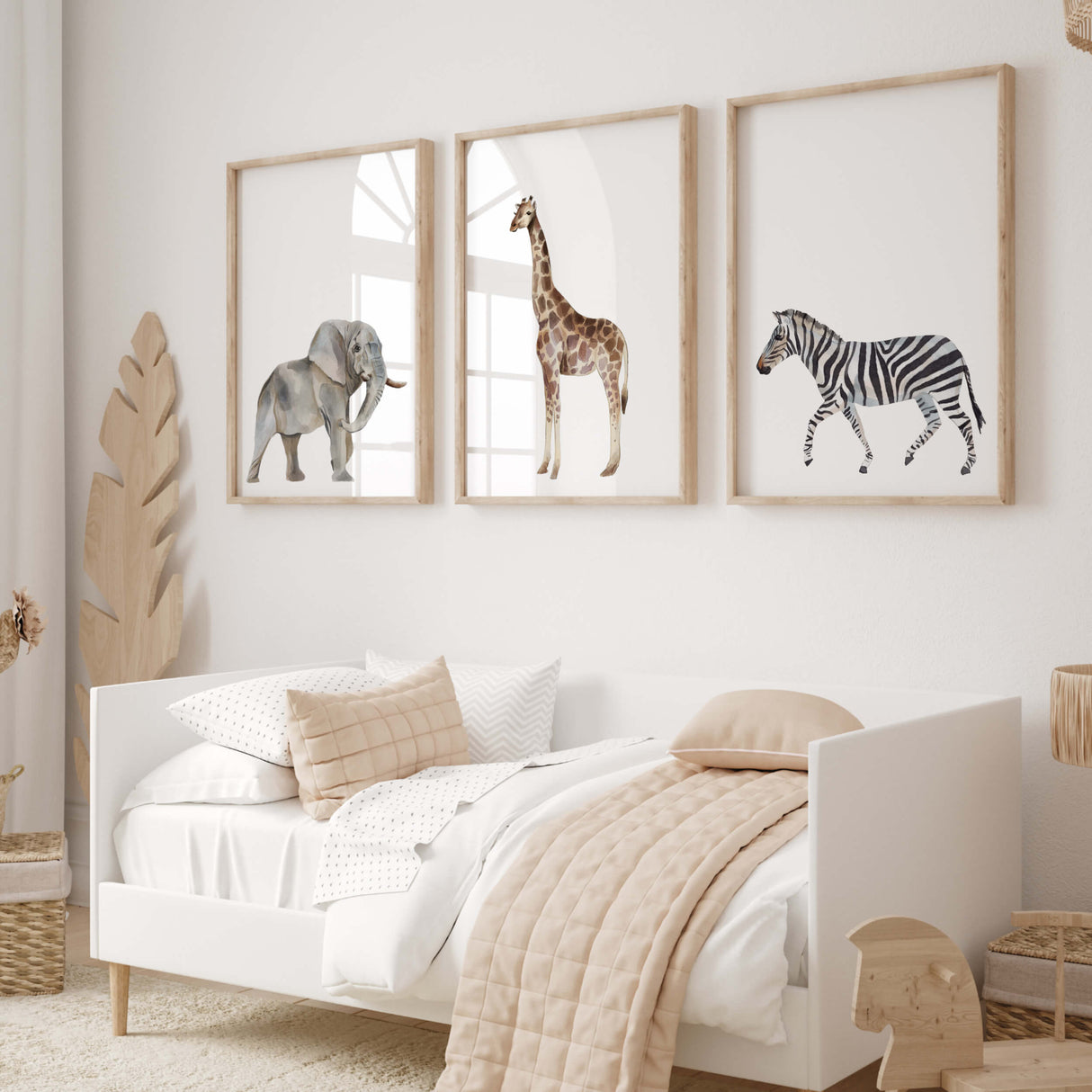 Set of 3 watercolor safari animals with zebra, elephant an giraffe in earth colors poster for gender neutral nursery ideas and decor, boys room decor, girls room decor, boho nursrey decor.