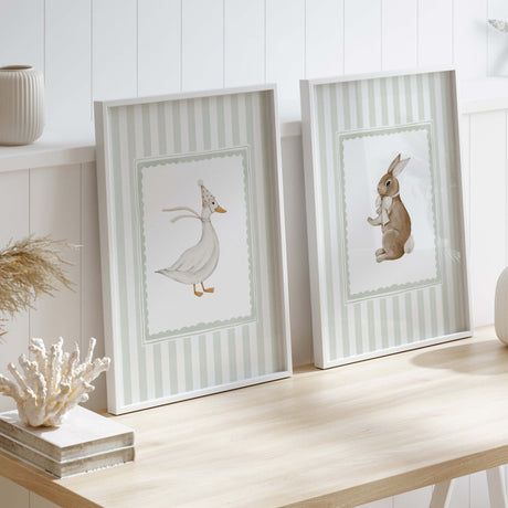Instant download nursery prints featuring bunny and duck in vintage style.