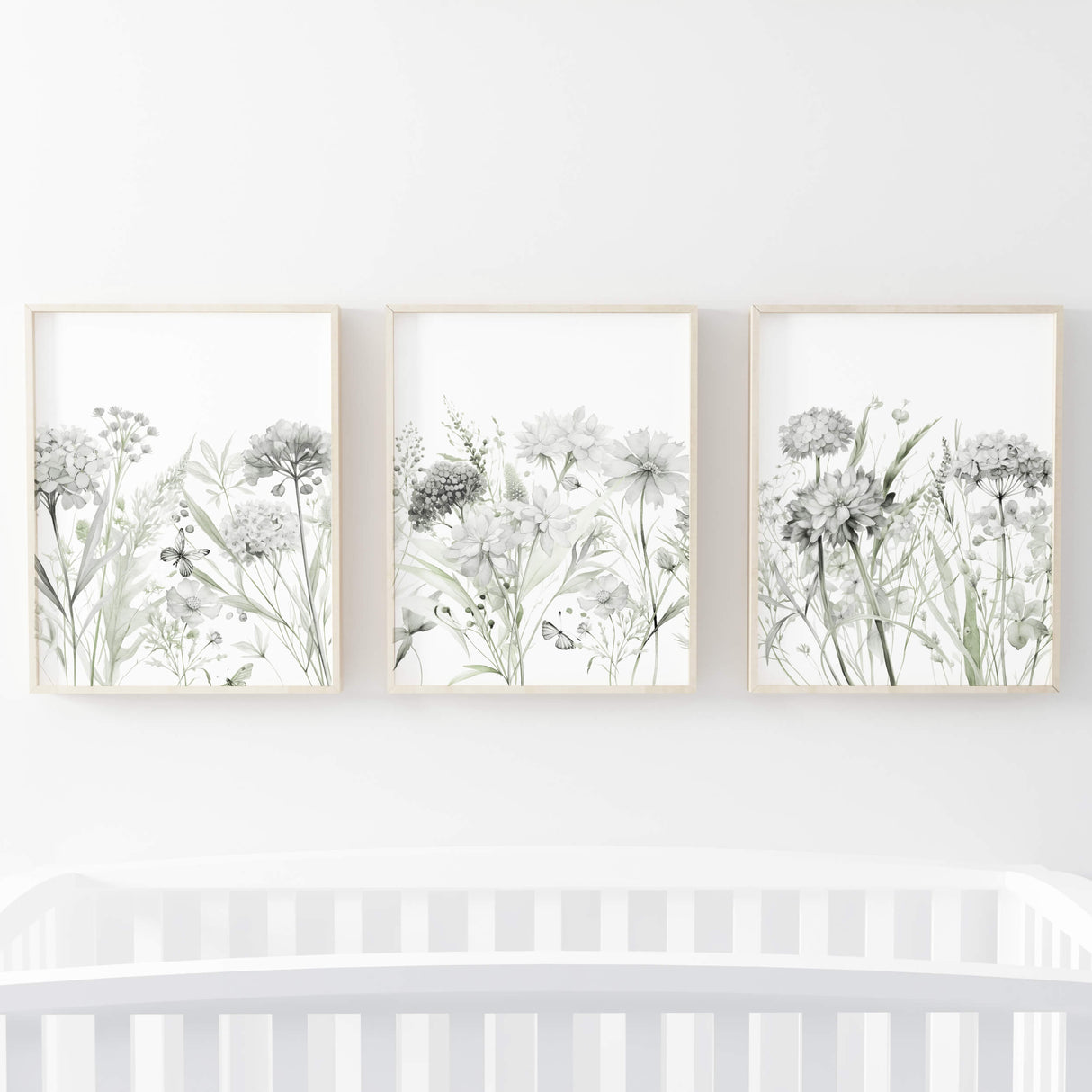 Set of 3 watercolor gray and green wildflower print for neutral home decor.