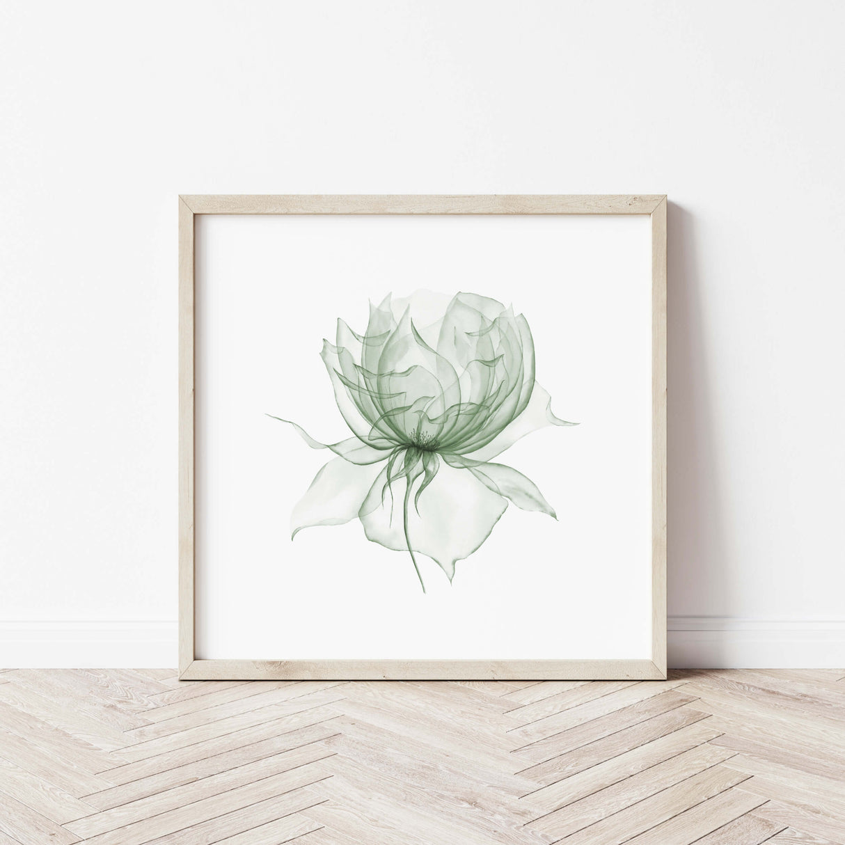 Set of 4  sage green flower with a transparent effect printable for neutral home decor.