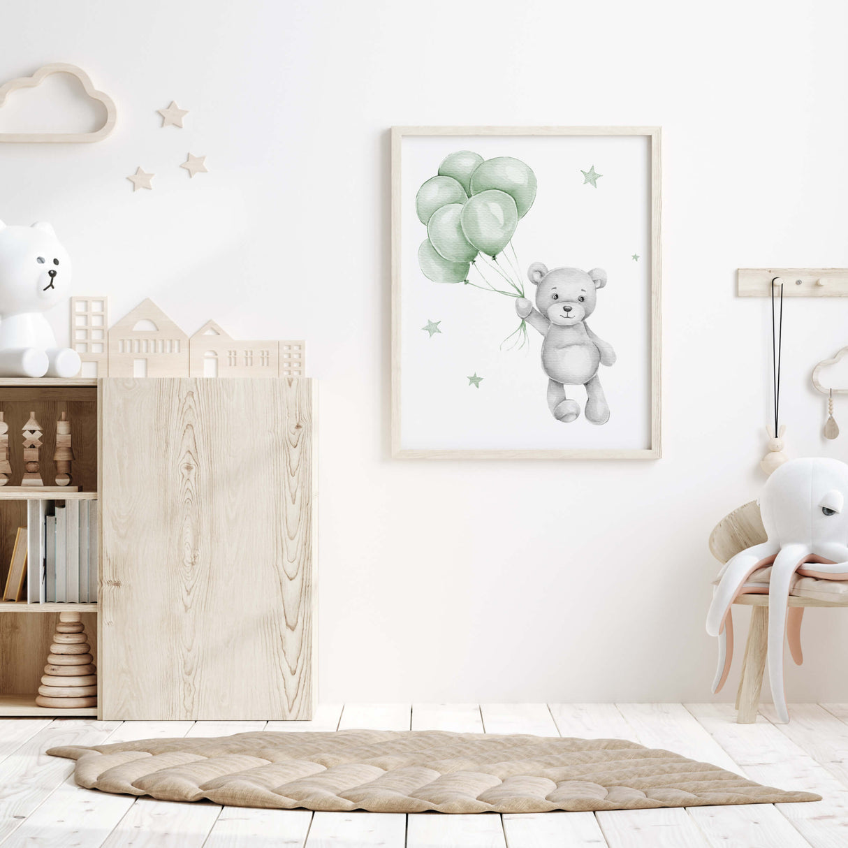 Set of 4 watercolor sage green gray teddy bear print for gender neutral nursery decor and ideas, includes teddy bear on the moon, cloud, with balloon and in airplane.