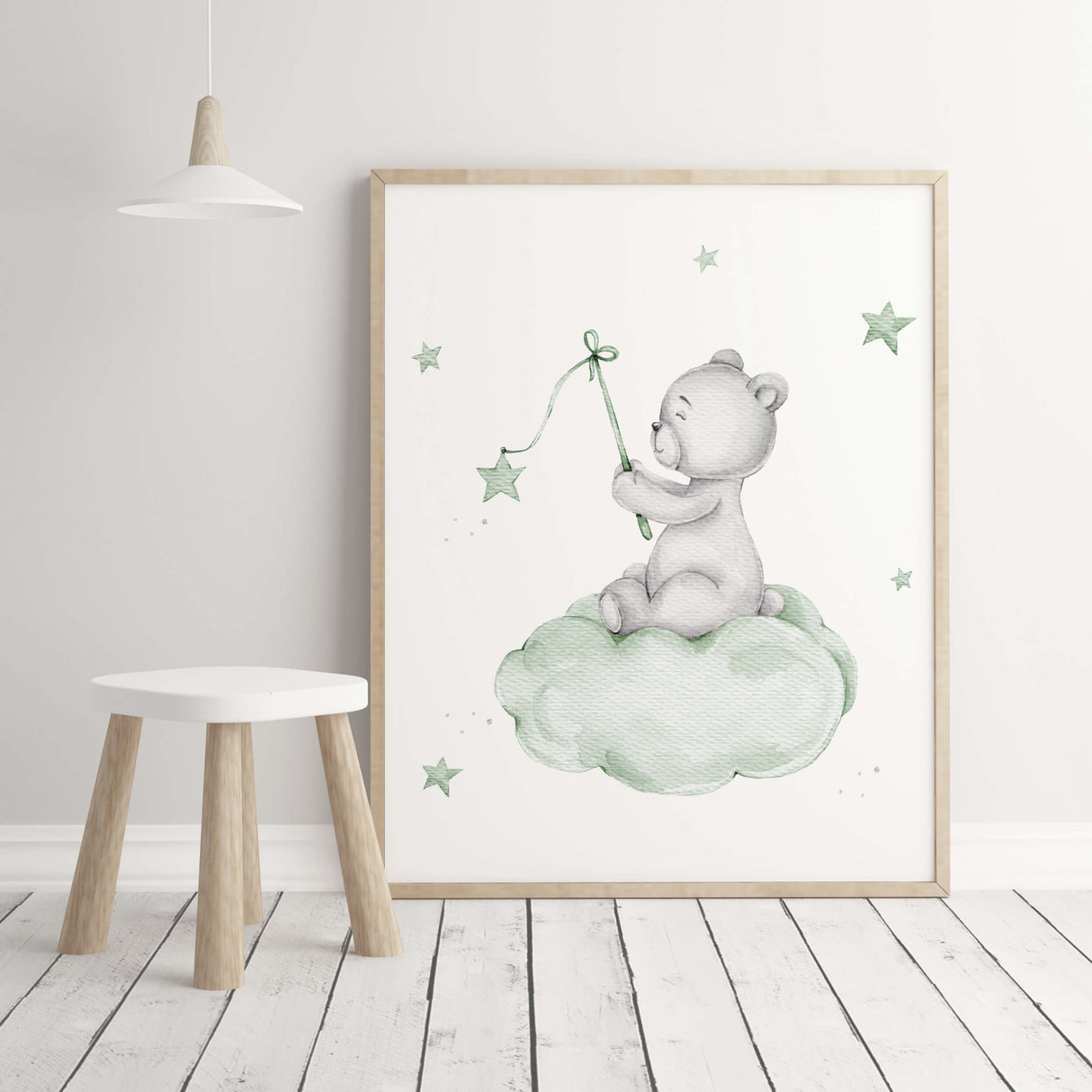Set of 4 watercolor sage green gray teddy bear print for gender neutral nursery decor and ideas, includes teddy bear on the moon, cloud, with balloon and in airplane.
