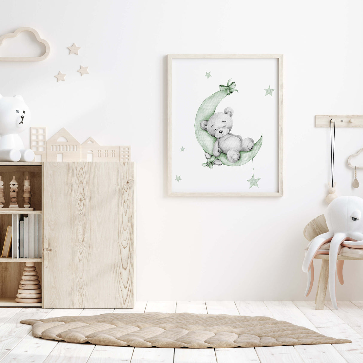 Set of 4 watercolor sage green gray teddy bear print for gender neutral nursery decor and ideas, includes teddy bear on the moon, cloud, with balloon and in airplane.