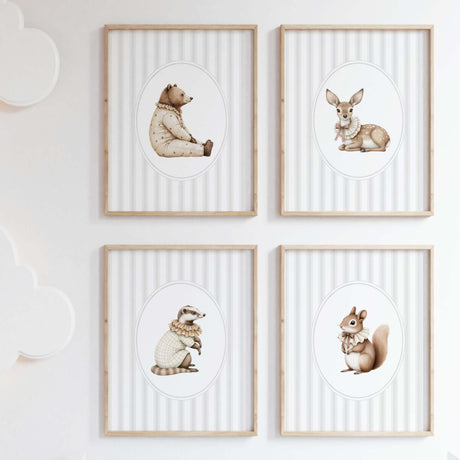 Watercolor vintage woodland animal on gray striped background printable for gender neutral nursery decor, striped nursery decor, beige gray nursery decor, rococo nursery decor, luxury nursery decor, cottagecore nursery decor, baroque nursery decor, includes animals: deer, bear, squirrel, badger.