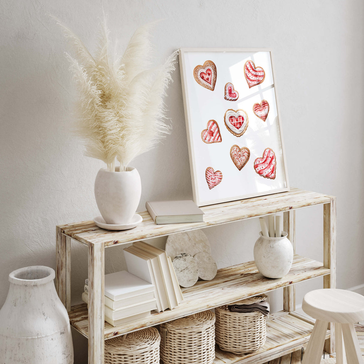 Watercolor red heart cookies, gingerbread printable for Valentine's day home decor, candy home decoration, christmas home decor.