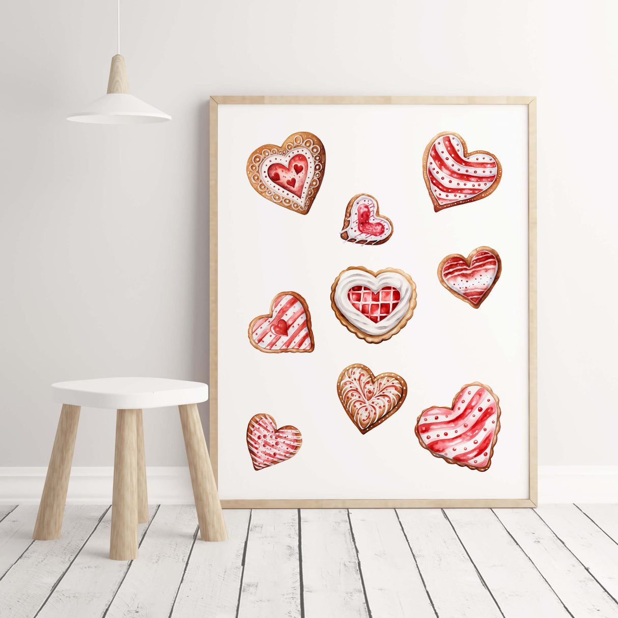 Watercolor red heart cookies, gingerbread print for Valentine's day home decor, candy home decoration, christmas home decor.