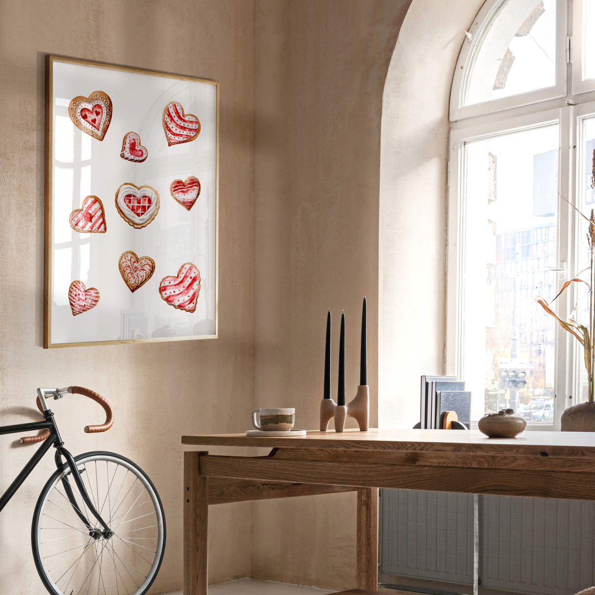 Watercolor red heart cookies, gingerbread poster for Valentine's day home decor, candy home decoration, christmas home decor.