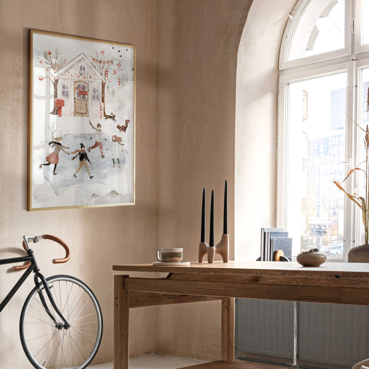 watercolor winter landscape with valentine's day house and iceskating people printable for valentine day's decor, winter home decor, christmas home decor