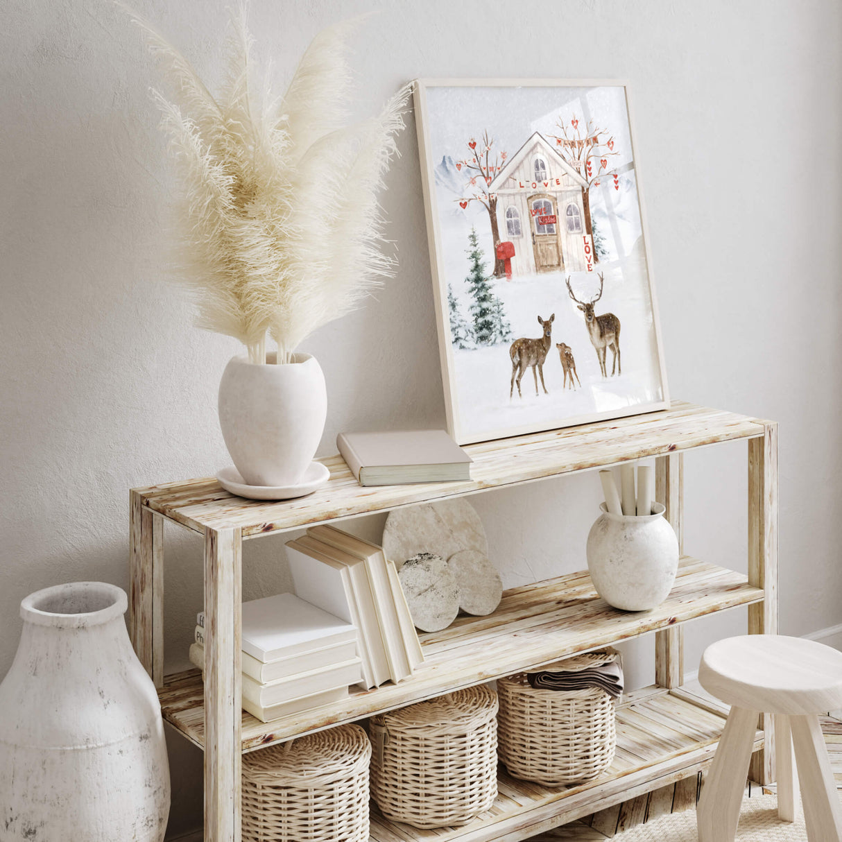 Watercolor winter landscape with valentine's day house and deers poster for valentine day's decor, winter home decor, christmas home decor.