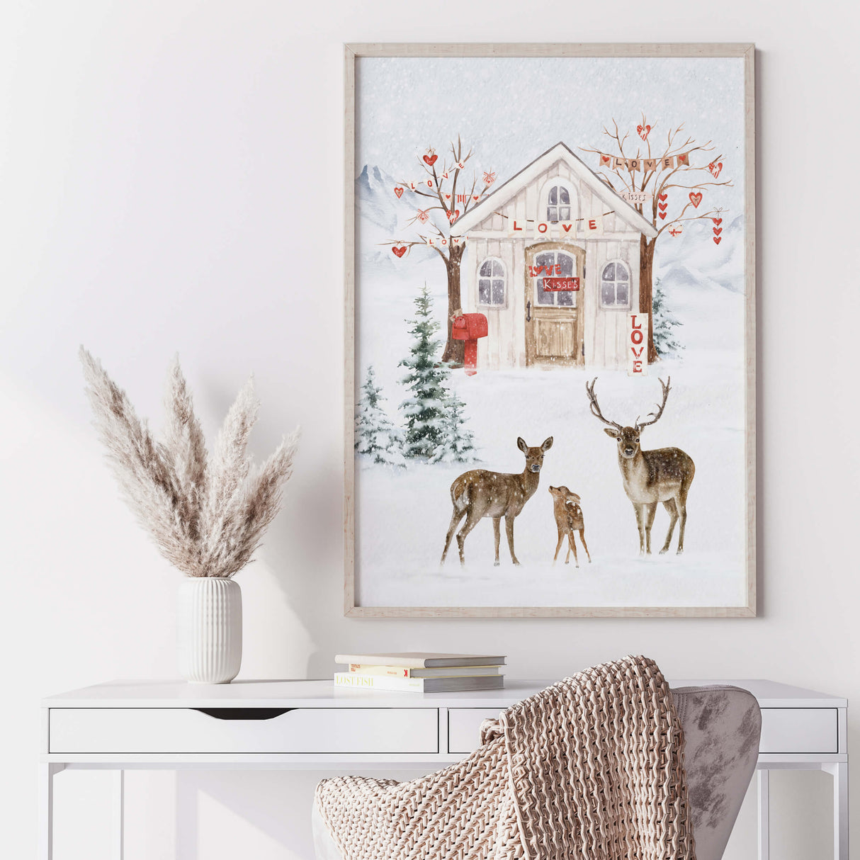 Watercolor winter landscape with valentine's day house and deers print for valentine day's decor, winter home decor, christmas home decor.