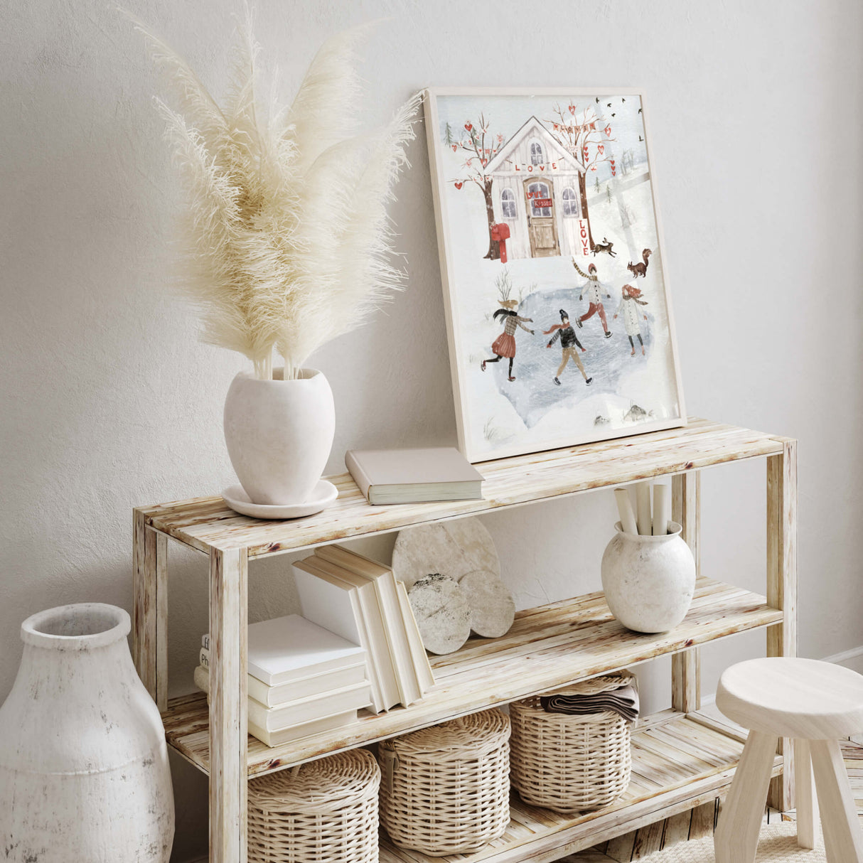 watercolor winter landscape with valentine's day house and iceskating people poster for valentine day's decor, winter home decor, christmas home decor