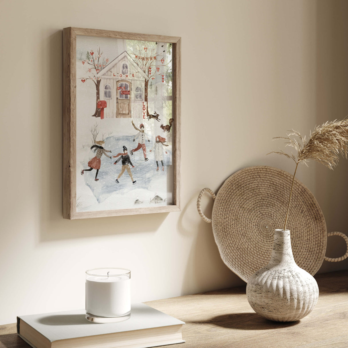 watercolor winter landscape with valentine's day house and iceskating people printable for valentine day's decor, winter home decor, christmas home decor