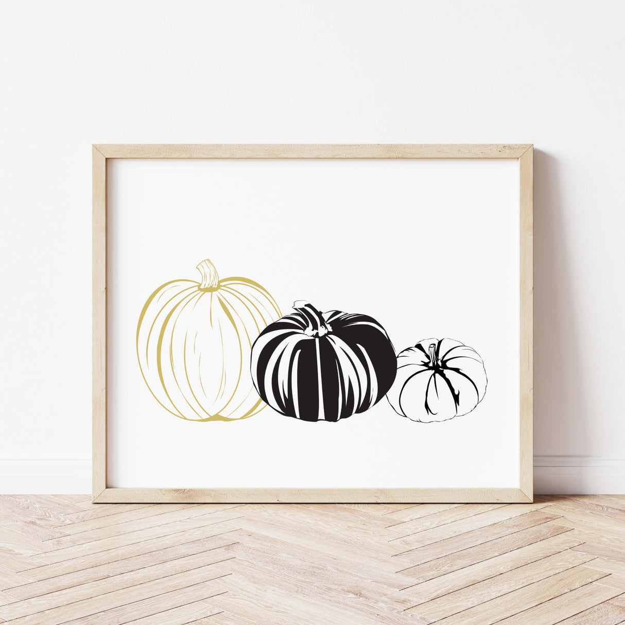 Line art pumpkin print with pumpkins and hello pumpkin quote for autumn minimalist home decor in black and white, gold.