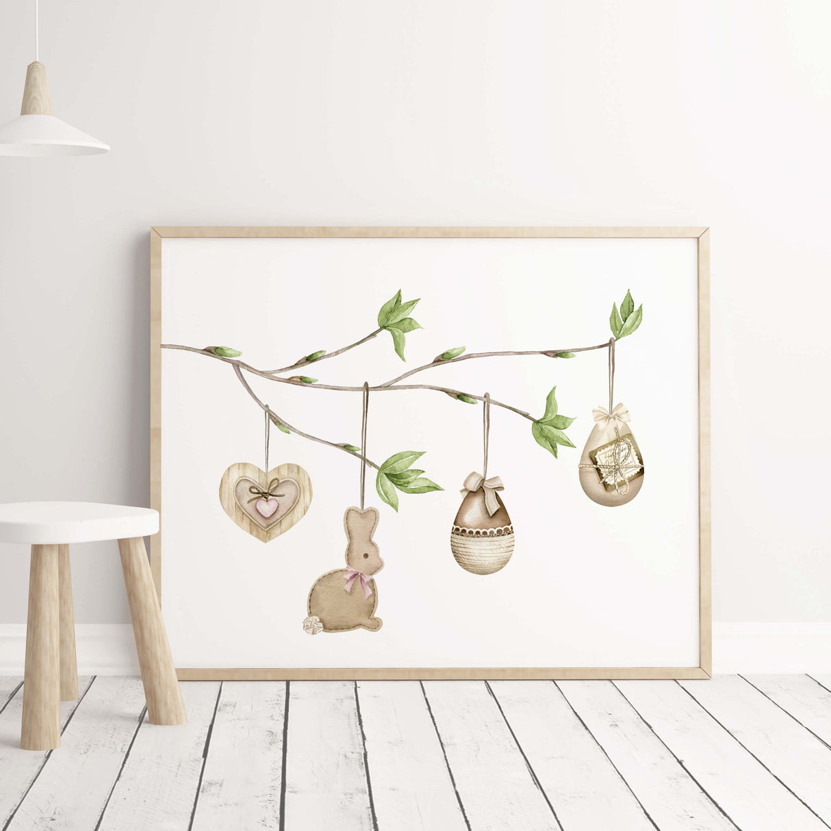 Watercolor happy easter posterwith easter egg tree branch and eggs in beige, green colors for neutral easter home decor.
