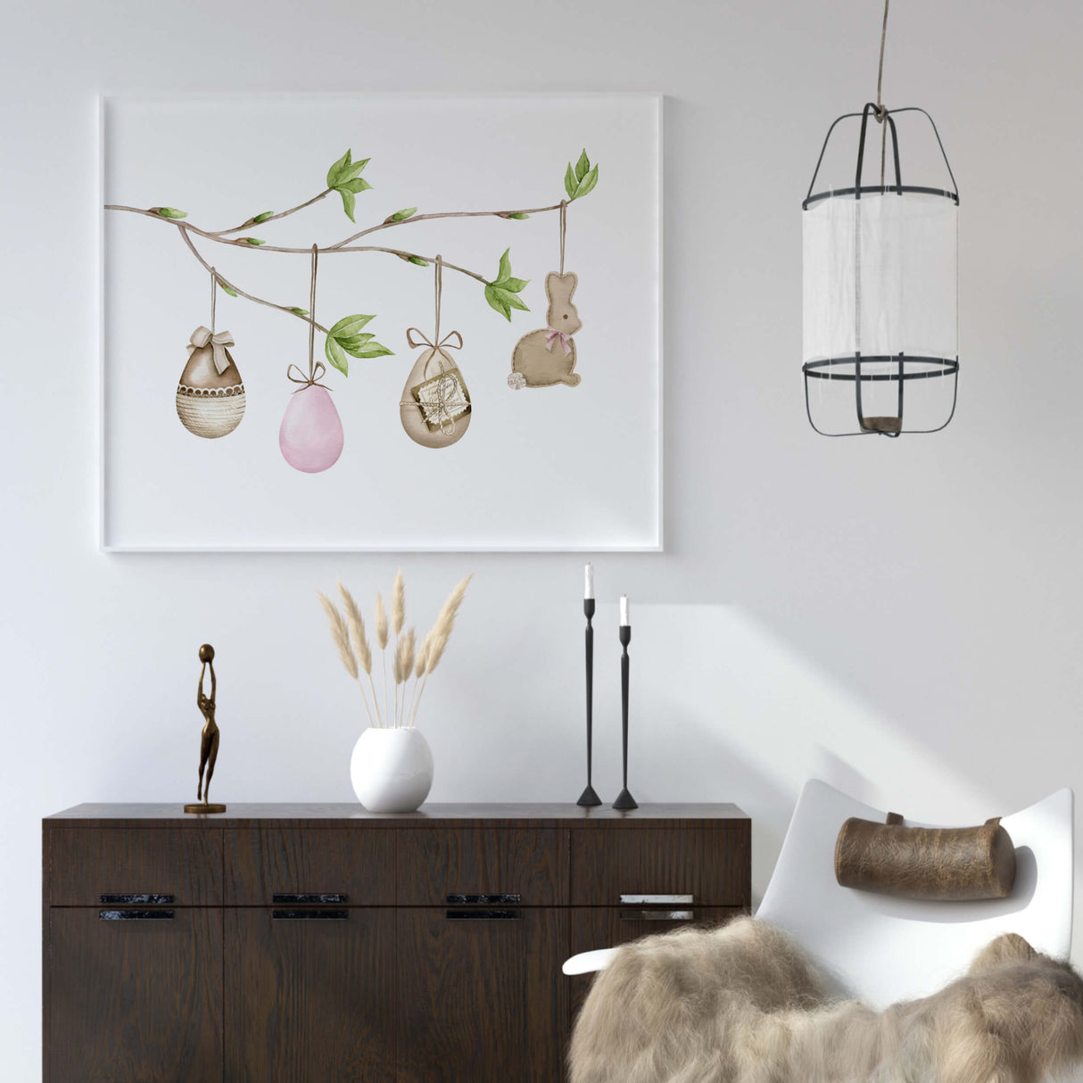 Watercolor happy easter print with easter egg tree branch and eggs for easter home decor.