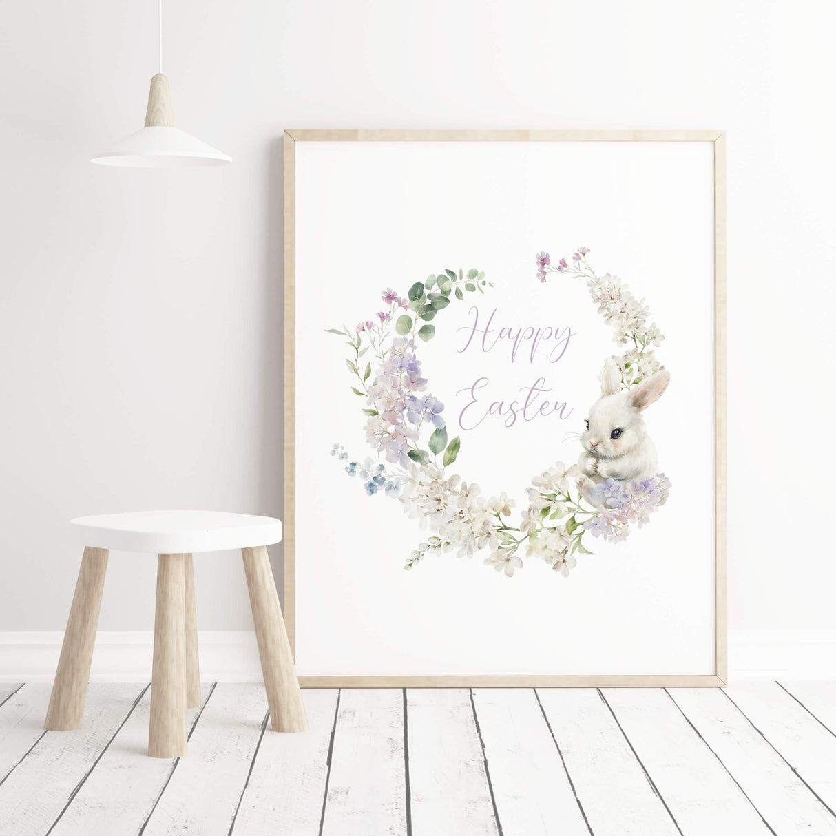 Watercolor happy easter printable with wreath and bunny  for nursery easter decor, gender neutral nursery easter decor, easter hoome decor.