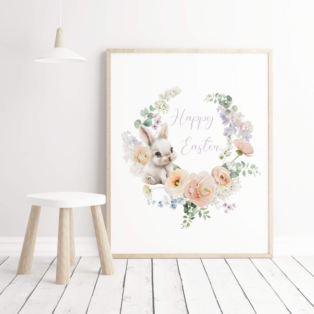 Watercolor happy easter poster with flower wreath and bunny  for nursery easter decor, gender neutral nursery easter decor, easter home decor.