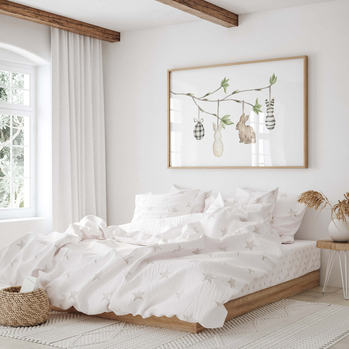 Watercolor easter poster with easter egg tree branch and eggs in black and white, beige colors for neutral easter home decor.