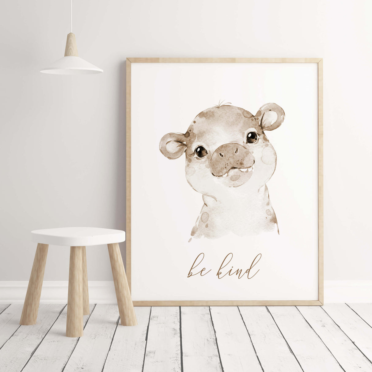 Watercolor hippo print with be kind inspirational quote in brown, beige colors for gender neutral nursery decor, boho nursery decor.