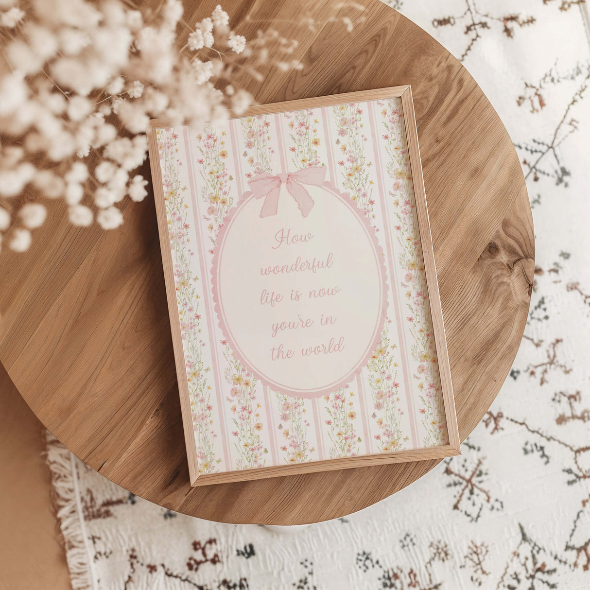 Baby quote nursery wall art printable with soft pink wildflowers and vintage bow
