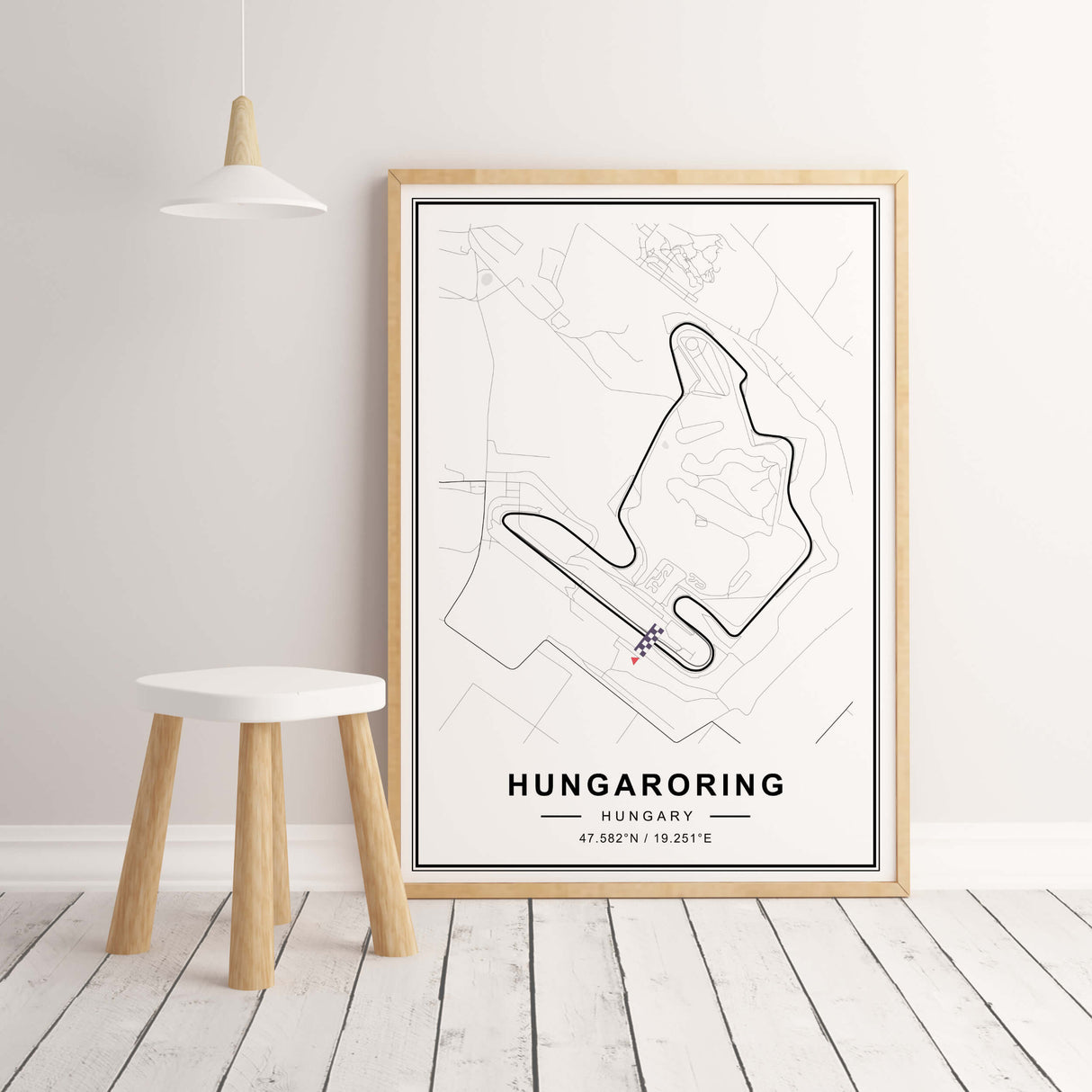 Hungaroring F1 map circuit poster for minimalist home decor as a gift for fathers and men.