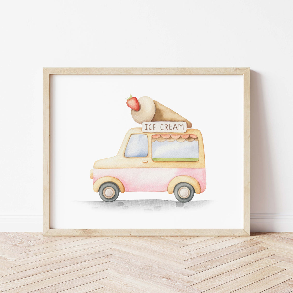 Watercolor ice cream car print for toddler, boys and neutral nursery room decor.