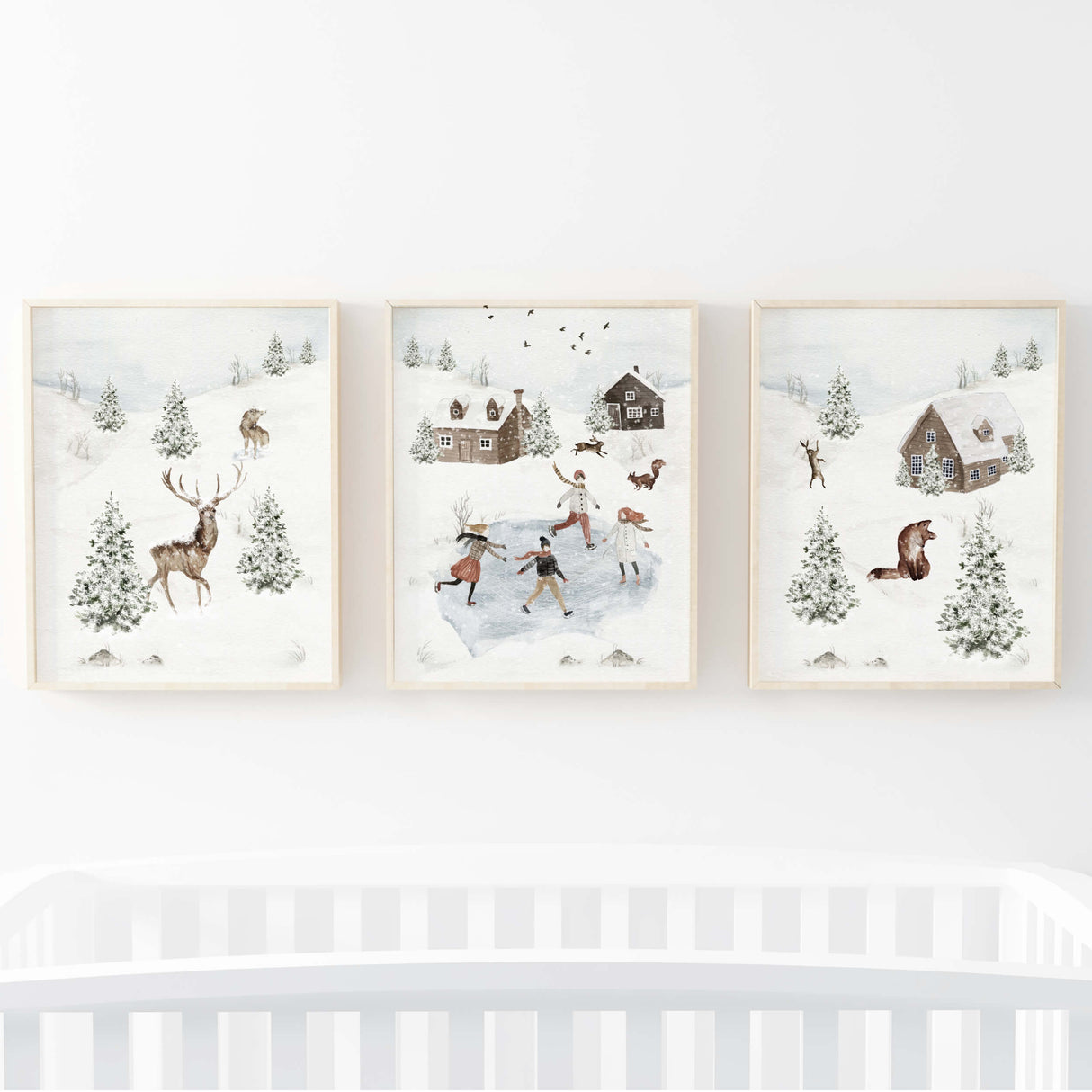 Set of 3 watercolor winter landscape print with iceskating, deer, fox, winter house for neutral christmas nursery wall decor.