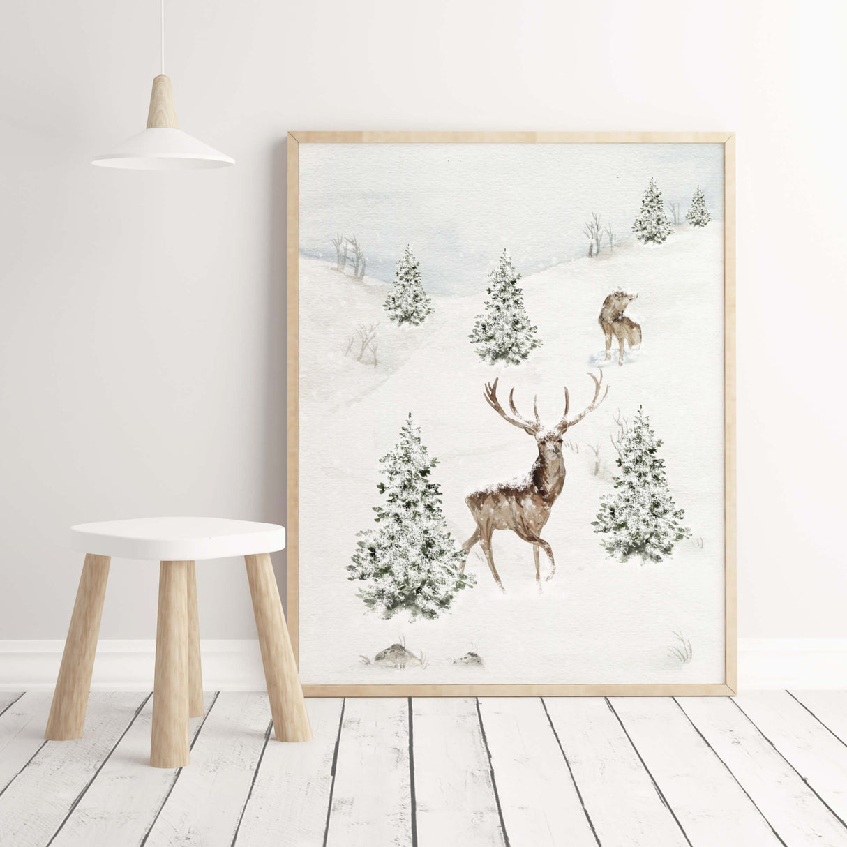 Watercolor winter landscape print with  deer, pine tree for  neutral christmas kitchen wall decor.