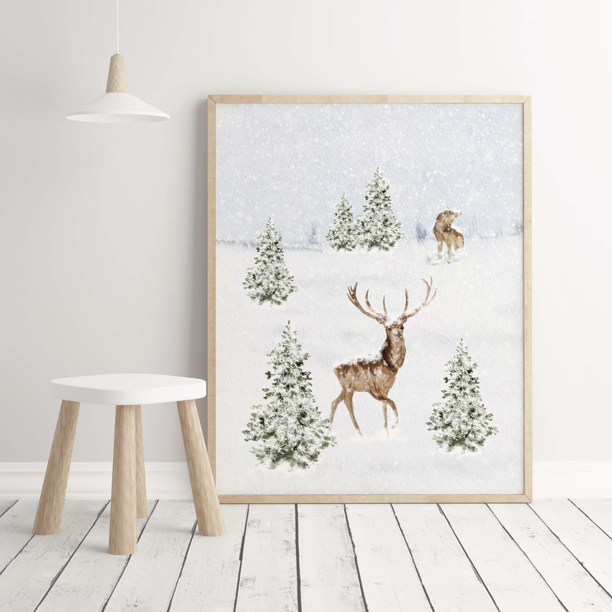 Watercolor winter print with snowy landscape, pine tree, wolf and deer for christmas home decor.