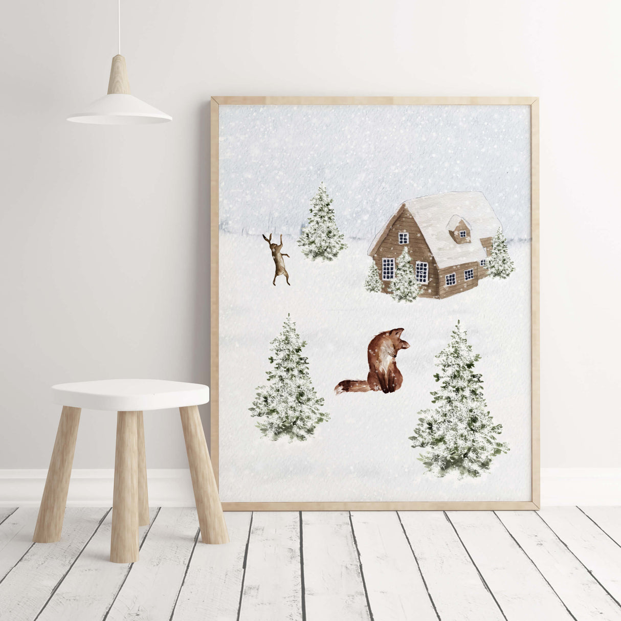 Winter landscape print with snowy landscape, bunny houses, fox, pine tree for christmas home decor.