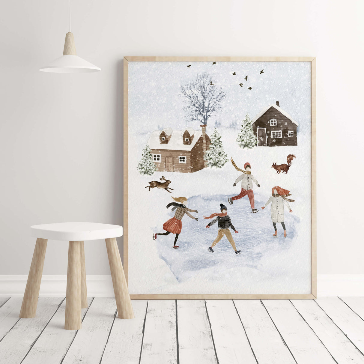 Watercolor ice skate print with houses, peoples, pinte tree, snow for neutral home decor.