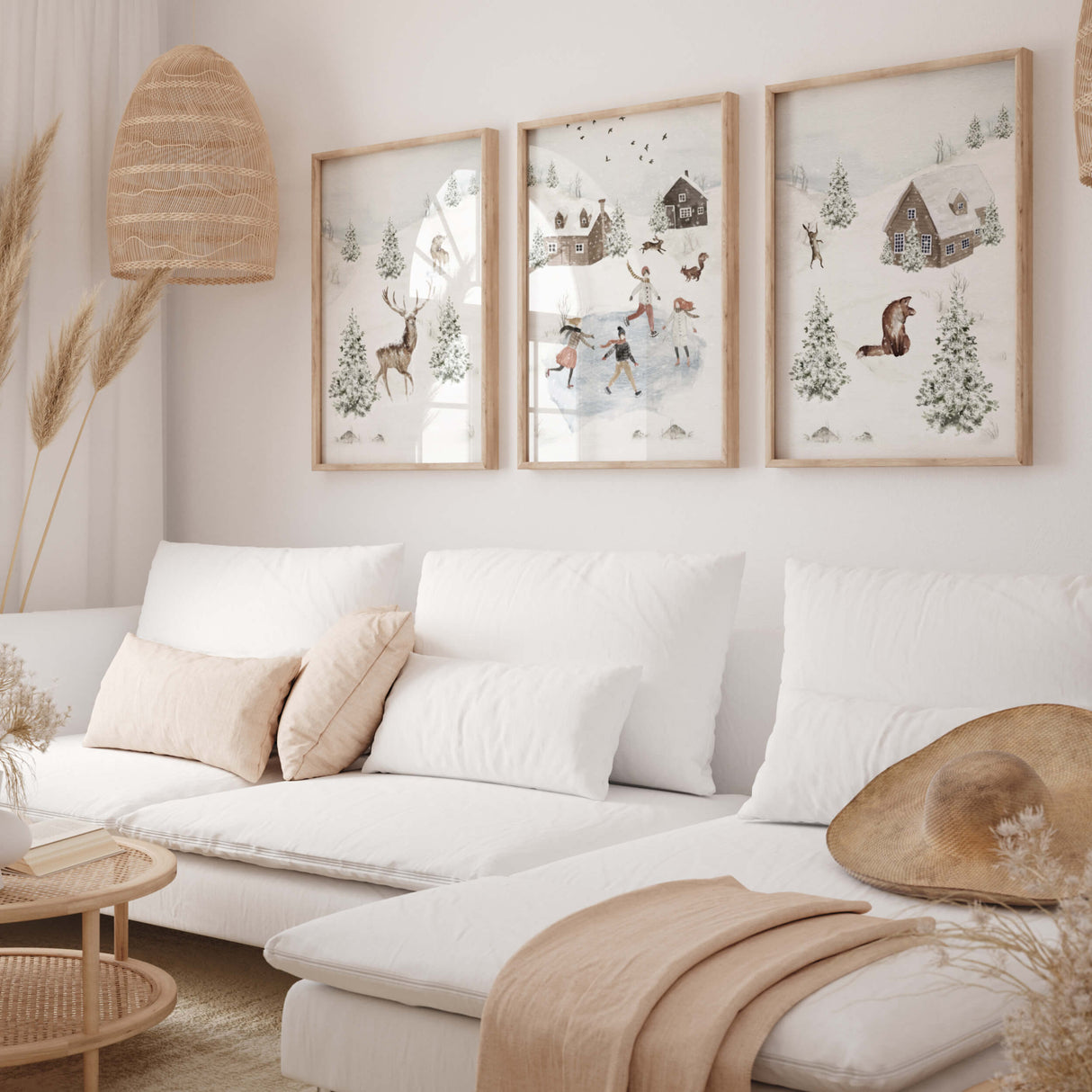 Set of 3 watercolor winter landscape print with iceskating, deer, fox, winter house for neutral christmas boho wall decor and beige, white home decor.
