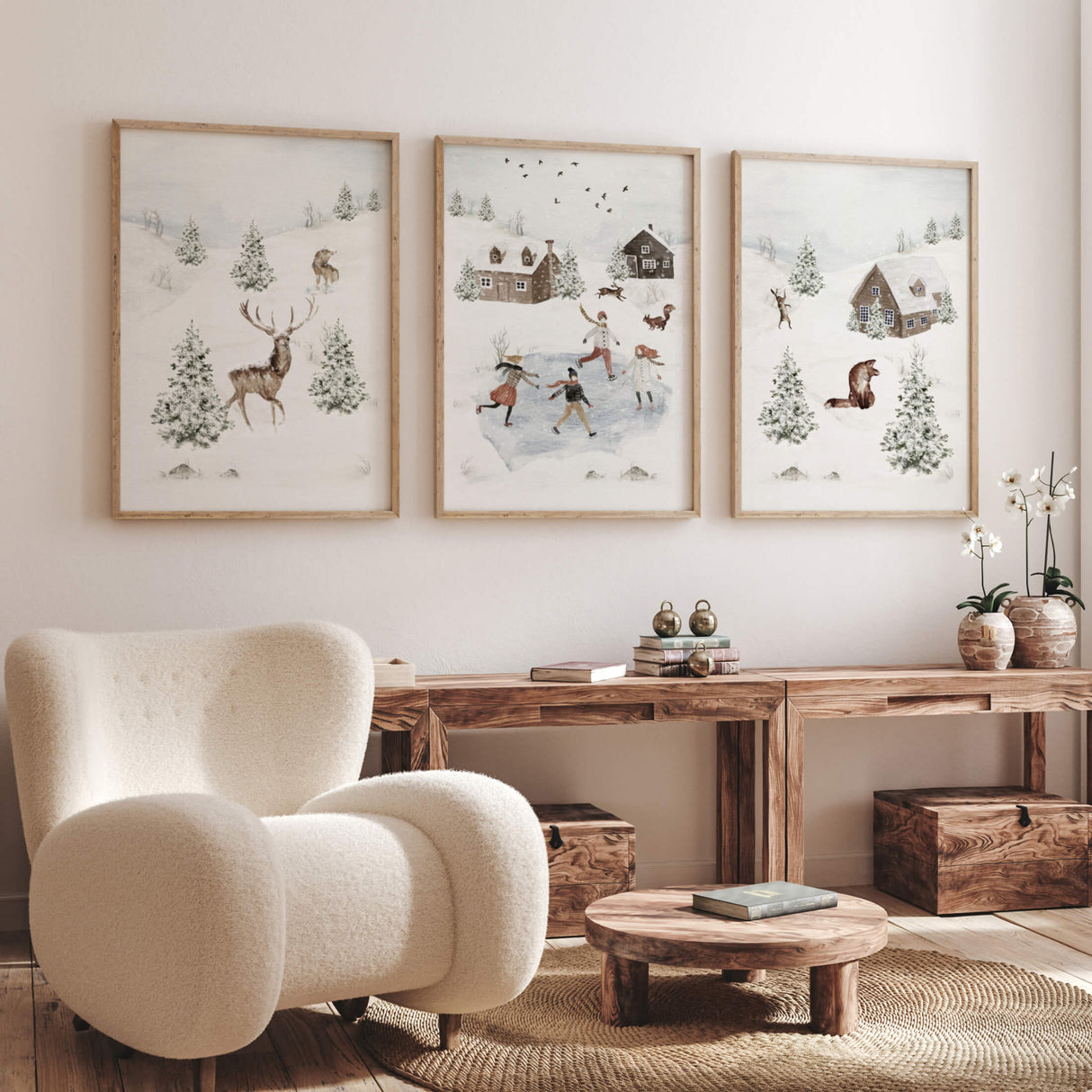 Set of 3 watercolor winter landscape print with iceskating, deer, fox, winter house for neutral christmas boho wall decor.