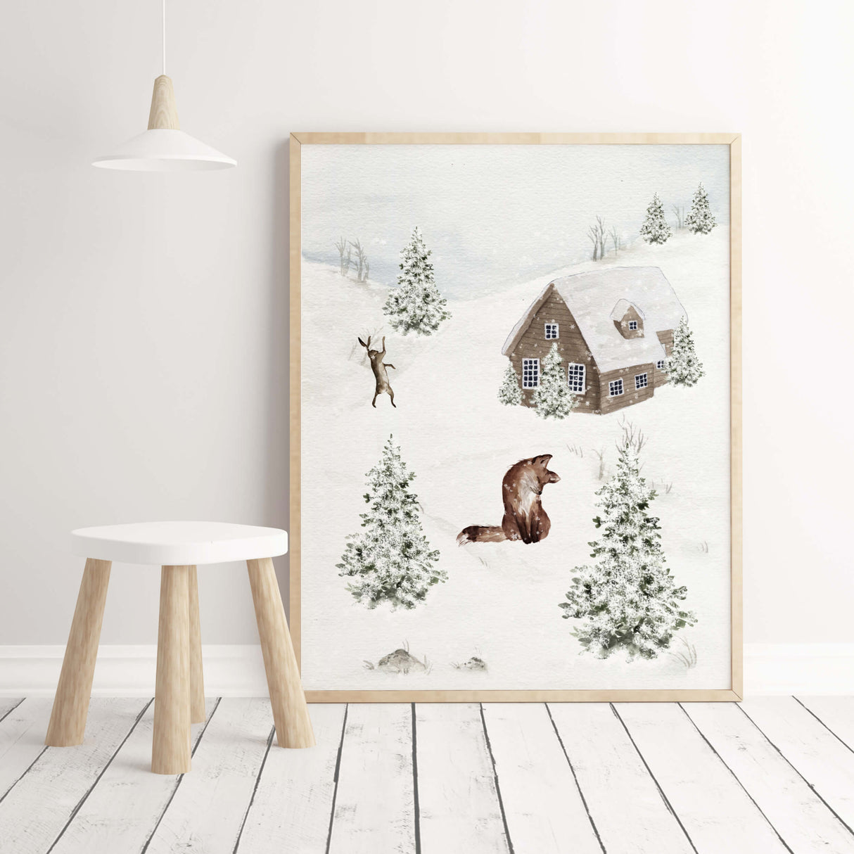 Watercolor winter landscape print with  winter house, fox, bunny, pine tree for  neutral christmas kitchen wall decor.