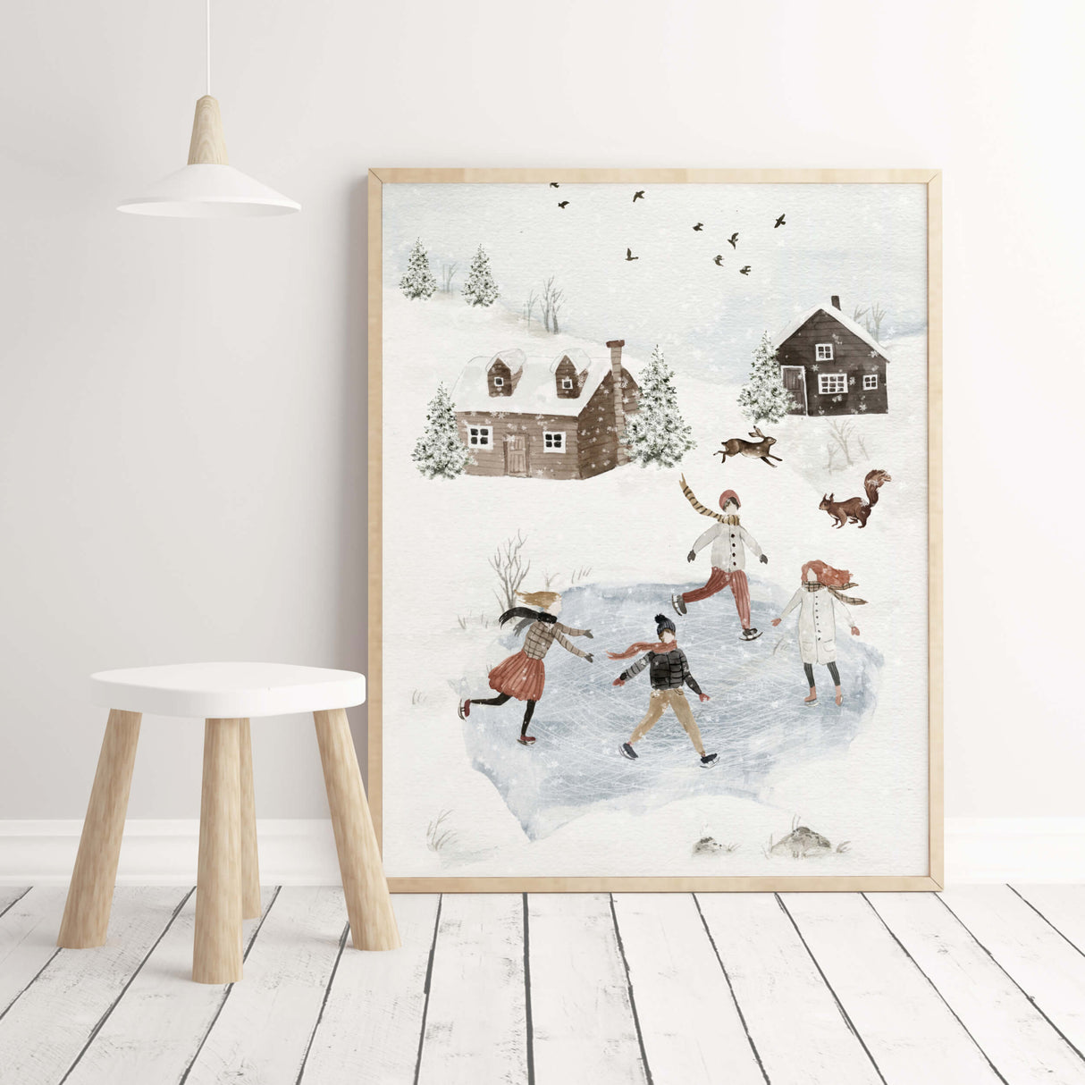 Watercolor winter landscape print with  iceskating, winter house, squirell for  neutral christmas wall decor.