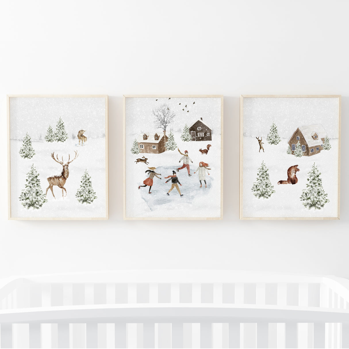 Winter landscape poster with iceskating, fox, deer, houses, bunny, squirell and snowy landscape for christmas and winter wall decor.