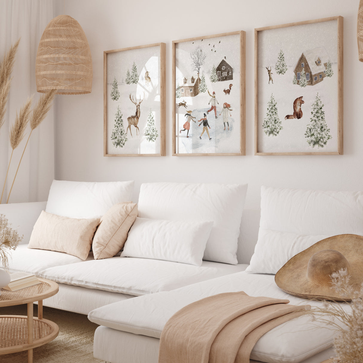 Winter landscape printable with iceskating, fox, deer, houses, bunny, squirell and snowy landscape for christmas and winter wall decor.