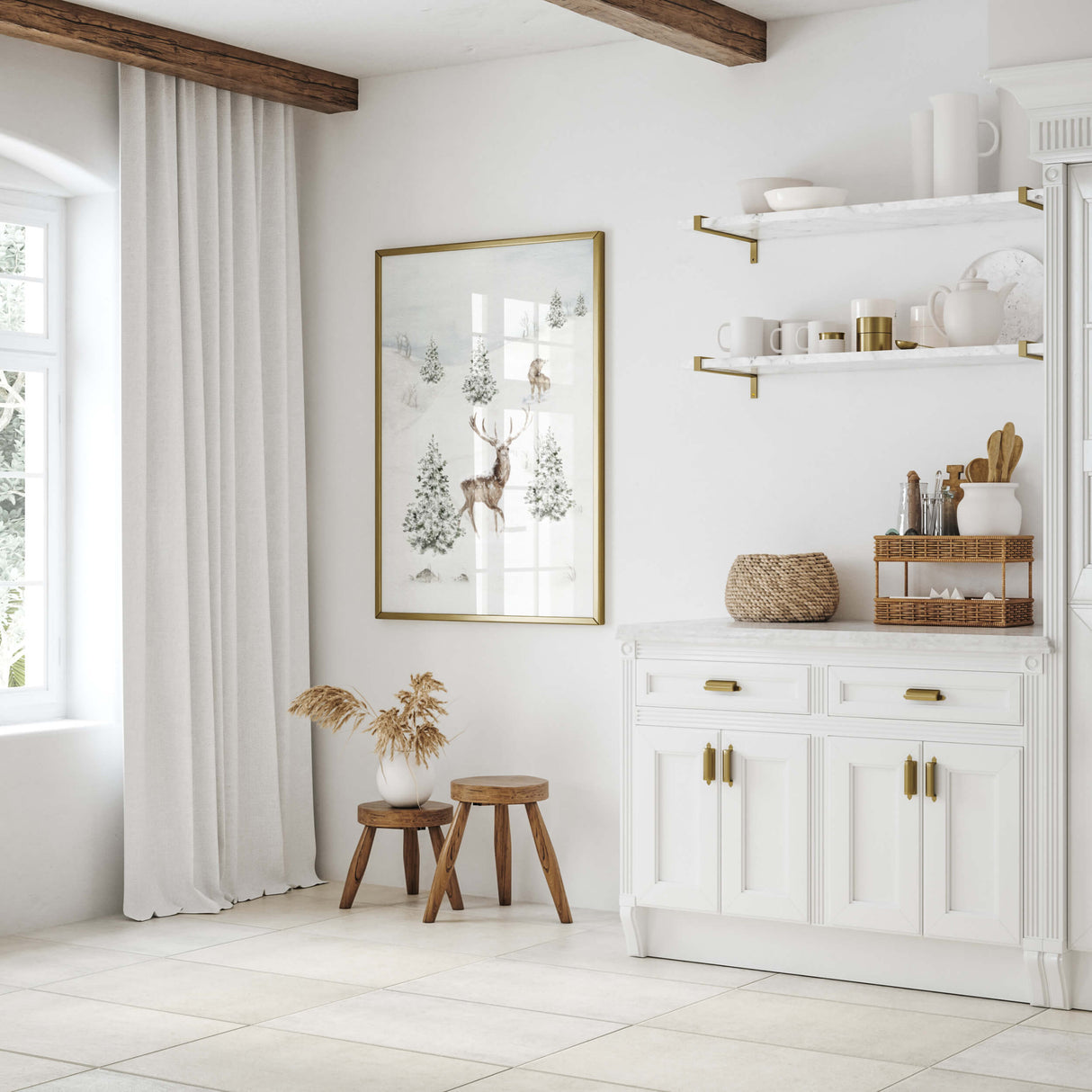 Watercolor winter landscape print with  deer, pine tree for  neutral christmas kitchen wall decor.