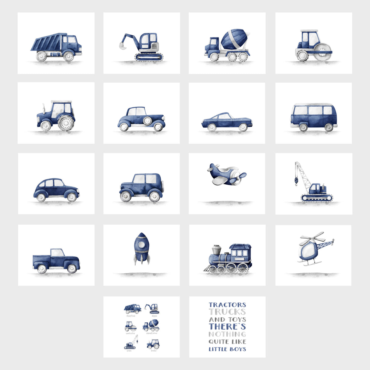 Construction vehicle nursery decor printable in navy and indigo blue tones