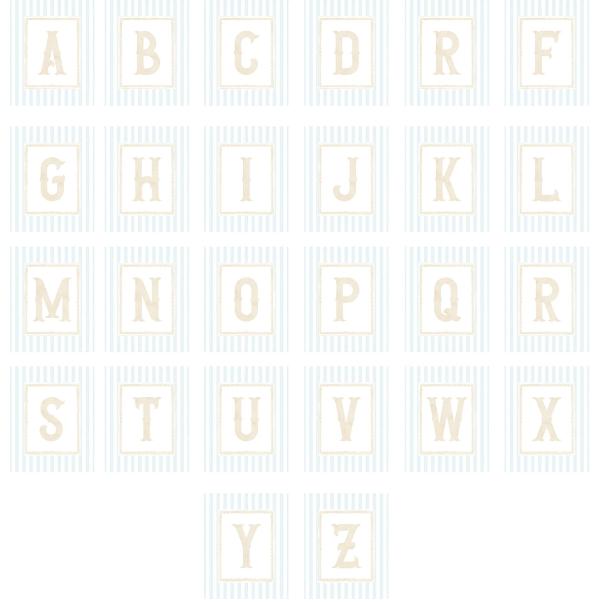 "Elegant turquoise beige nursery decor set with pastel stripes and complete A–Z initial letters"
