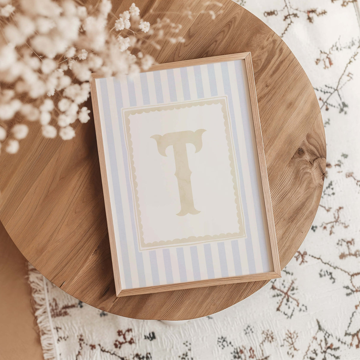 Vintage inspired carousel nursery art set pastel blue beige stripe prints for baby boy room