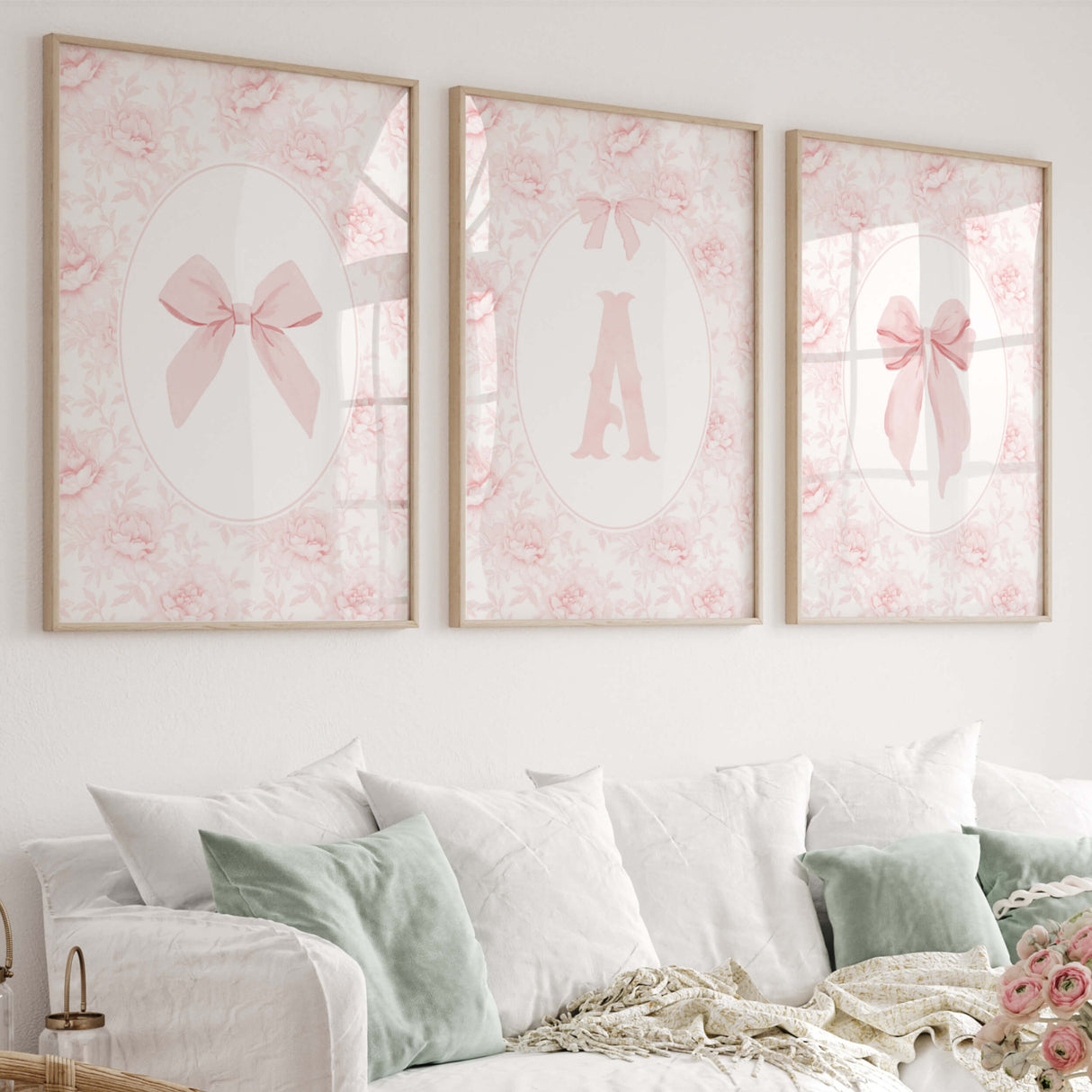 Pink bow initial wall art printable with floral background for baby girl nursery