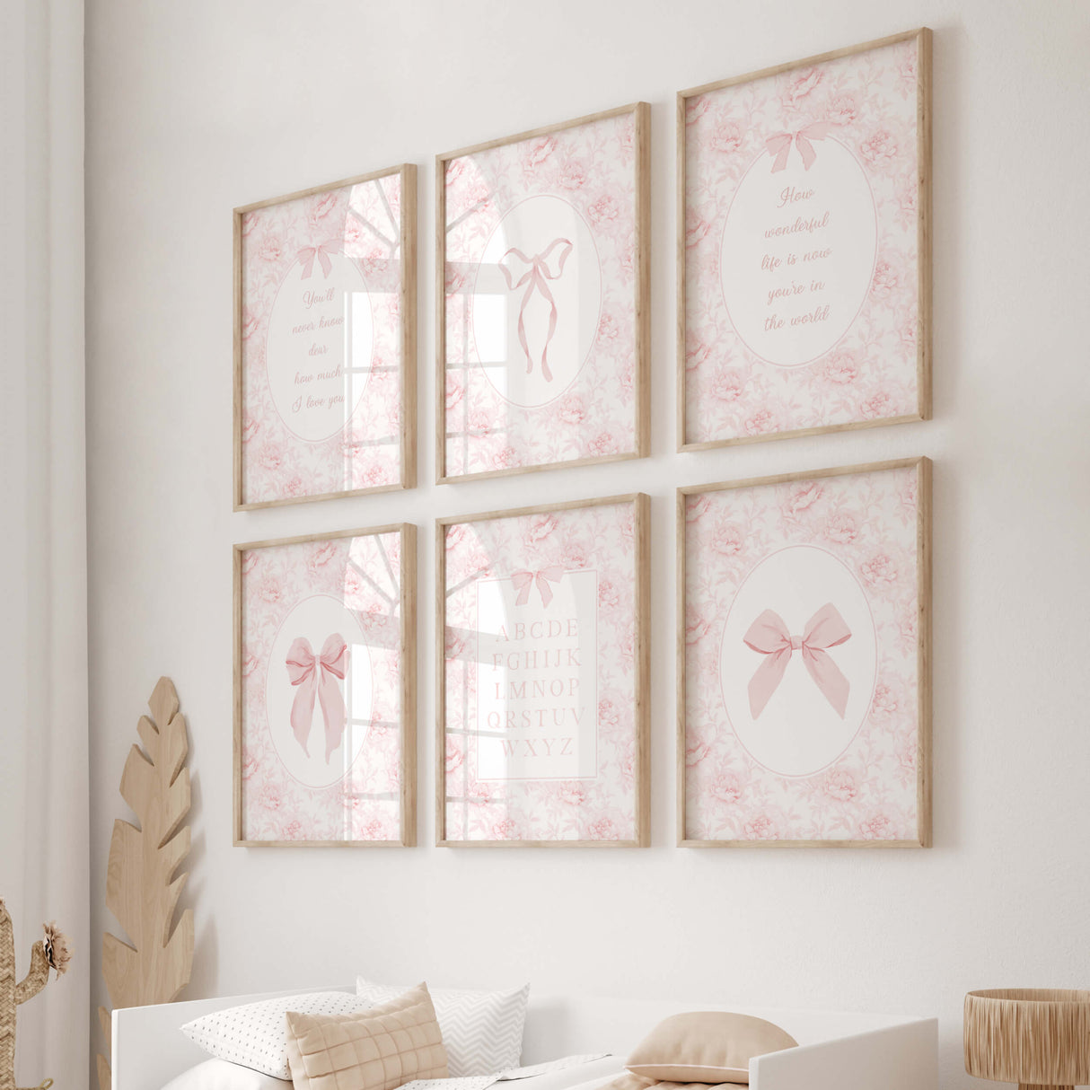 Pastel pink floral monogram printable with bow for girl’s bedroom wall