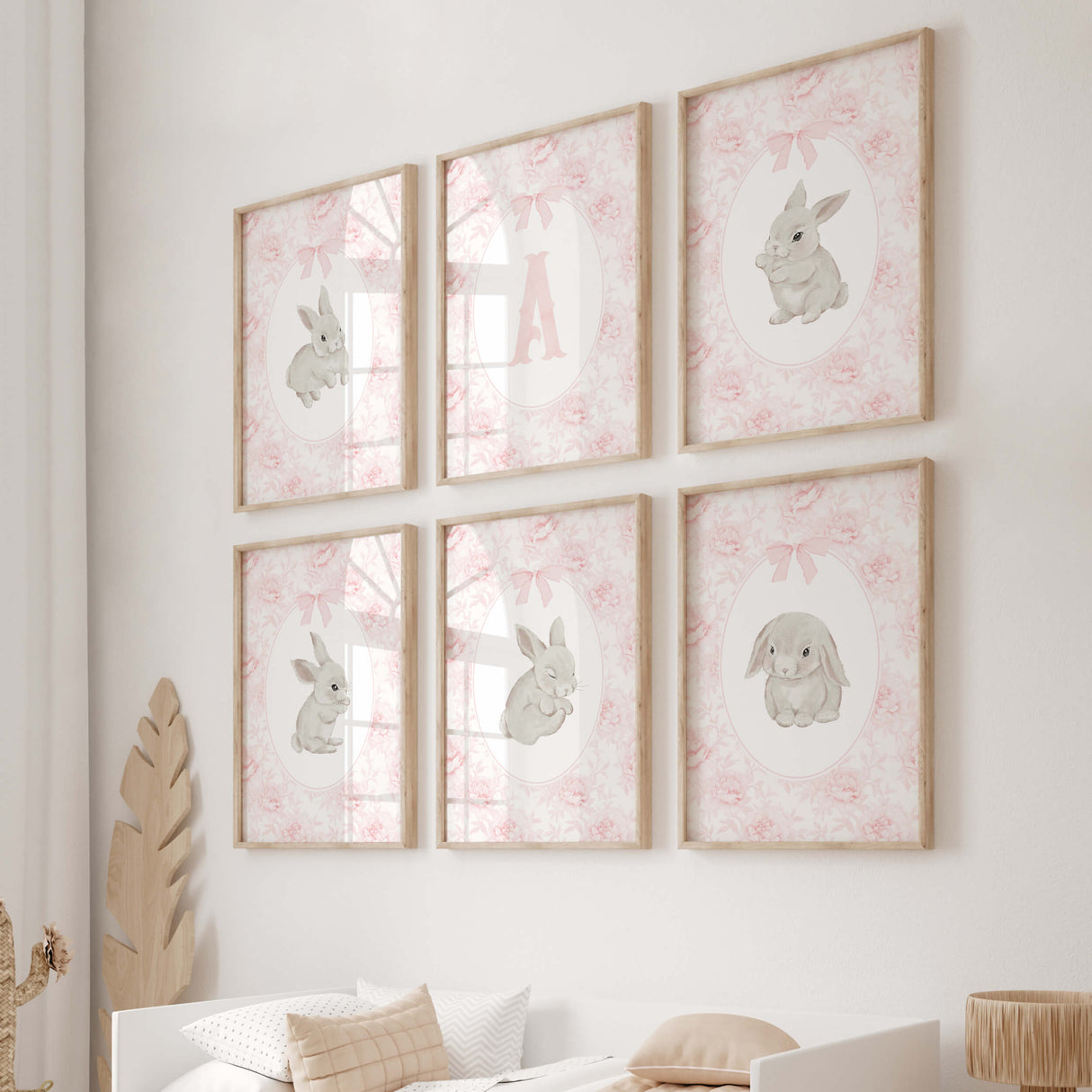 Soft pink nursery wall art set with vintage florals bunny swan and initial letter prints
