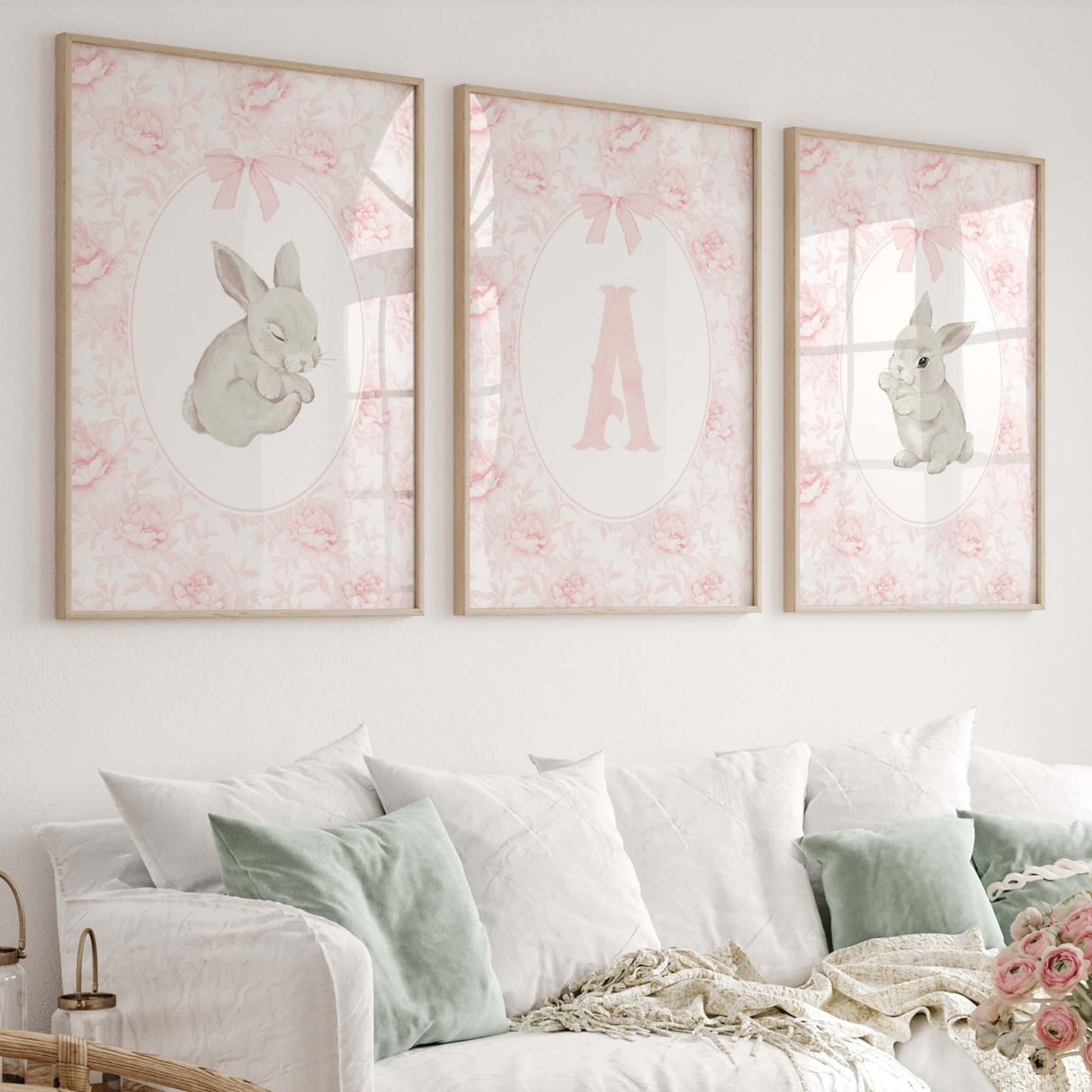 Pink bunny nursery wall art printable with initial letter A floral baby girl decor