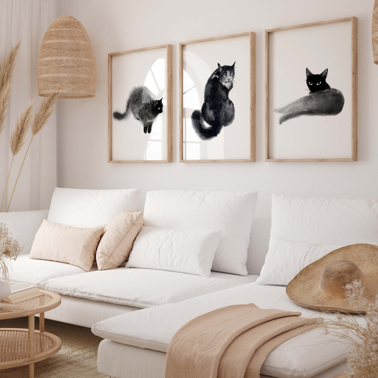 Abstract japandi black cat print for minimalist home decor, abstract home decor, japanese  home decor.