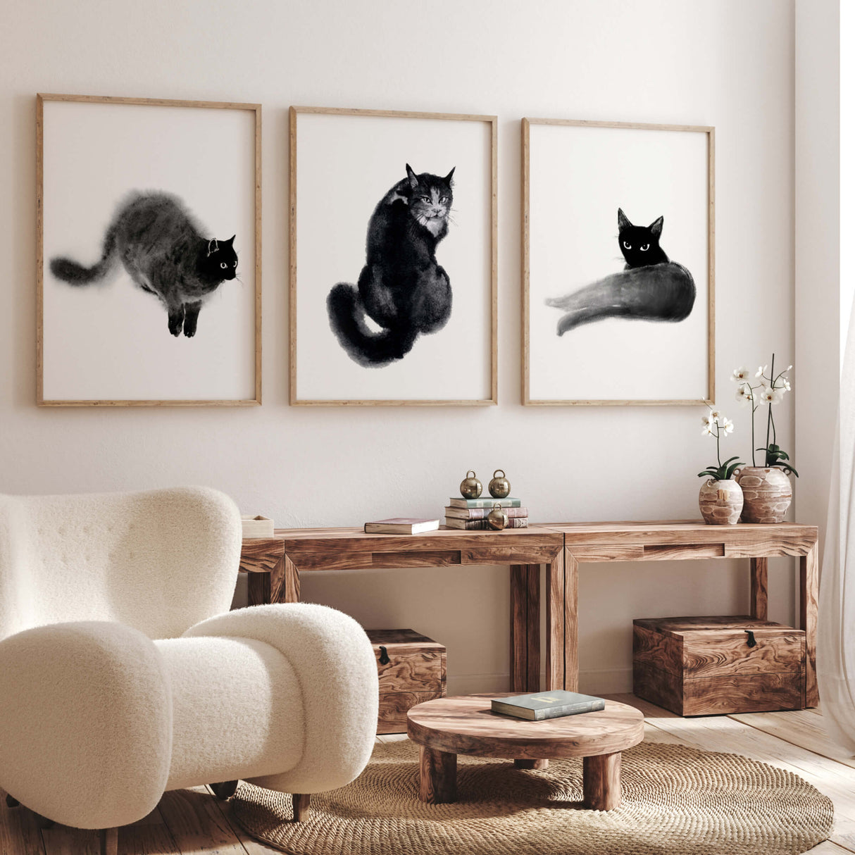 Abstract japandi black cat print for minimalist home decor, abstract home decor, japandi home decor.