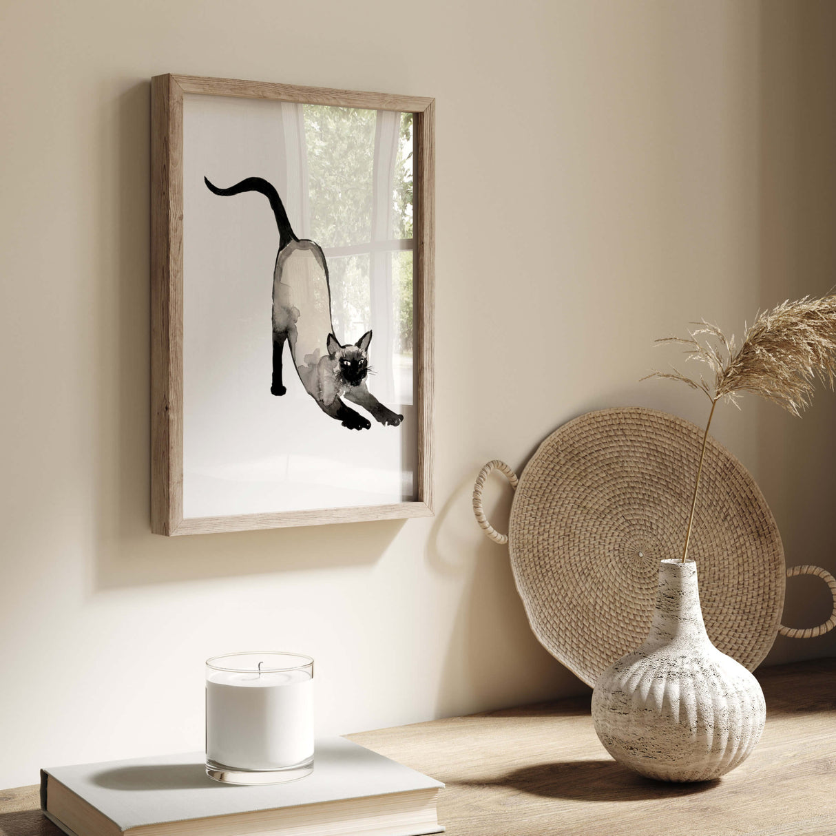 Watercolor japanese siamese cat poster for japandi home decor, wabi-sabi home decor, beige black home decor.