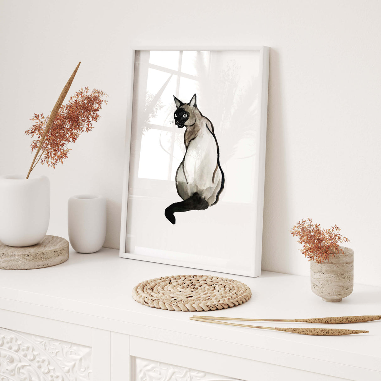 Watercolor japanese siamese cat printable for japandi home decor, wabi-sabi home decor, beige black home decor.