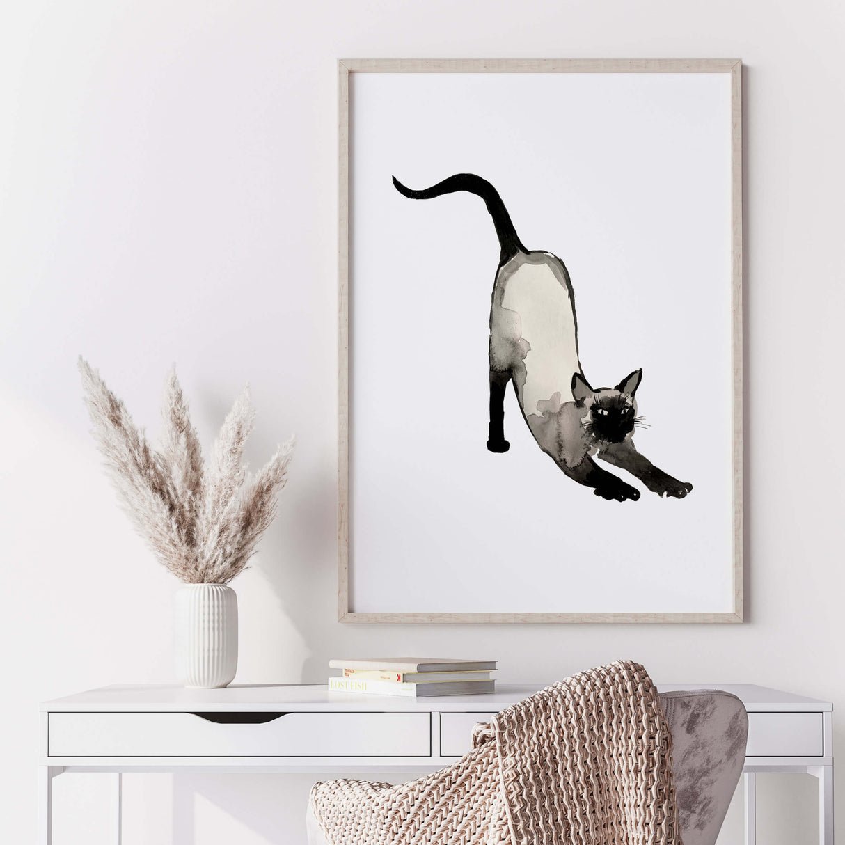 Watercolor japanese siamese cat print for japandi home decor, wabi-sabi home decor, beige black home decor.